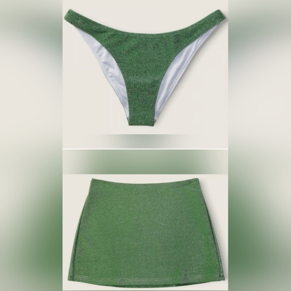 M/M L/L PINK Swim Shimmer Brazilian Skirt Bikini Set Green